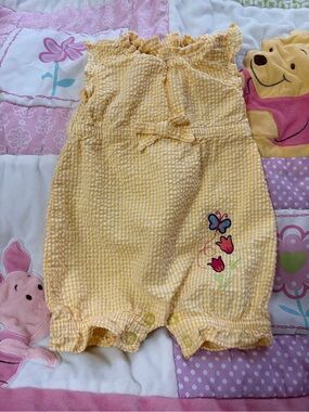 VTG 90s Simply Basic Seersucker Gingham Check Yellow Baby Summer Romper 3-6M